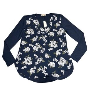 LOFT Floral Top Women XS Navy Blue Long Sleeve V-Neck Blouse